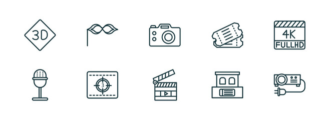 set of 10 linear icons from cinema concept. outline icons such as 3d text, small carnival mask, dslr camera, movie clapper open, box office, projector with plug vector