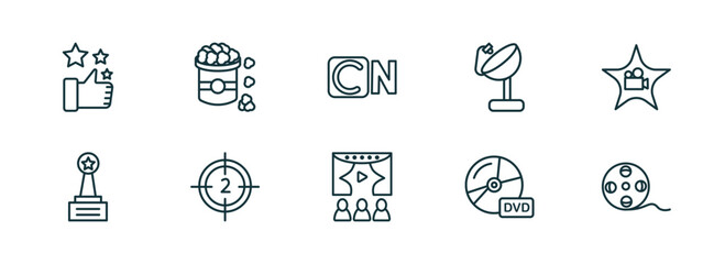 set of 10 linear icons from cinema concept. outline icons such as thumb up with star, popcorn bag, , people watching a movie, dvd, movie roll vector