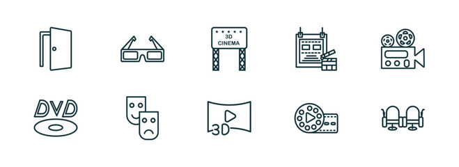 set of 10 linear icons from cinema concept. outline icons such as doorway, 3d glass, movie billboard, 3d video, film reel playing, cinema seats vector