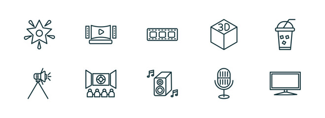 set of 10 linear icons from cinema concept. outline icons such as famous cinema star, home theater, film negatives, loud woofer box, movie microphone, flat tv vector
