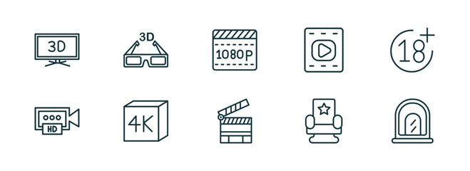 set of 10 linear icons from cinema concept. outline icons such as 3d television, 3d movie, 1080p full hd, cinema clapperboard, cinema chair, ticket window vector