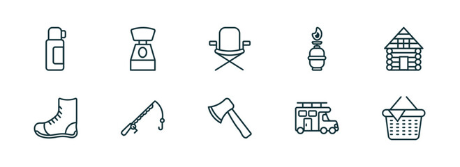 set of 10 linear icons from camping concept. outline icons such as thermo, toilet, chair, hatchet, camper, picnic vector