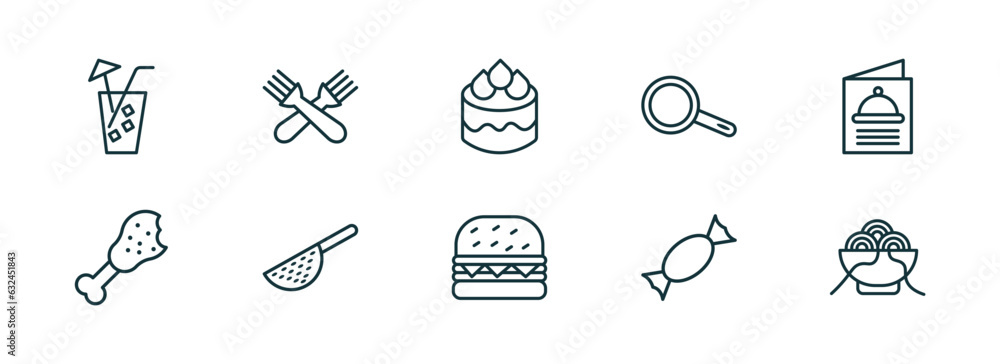 Poster set of 10 linear icons from bistro and restaurant concept. outline icons such as lemonade with straw