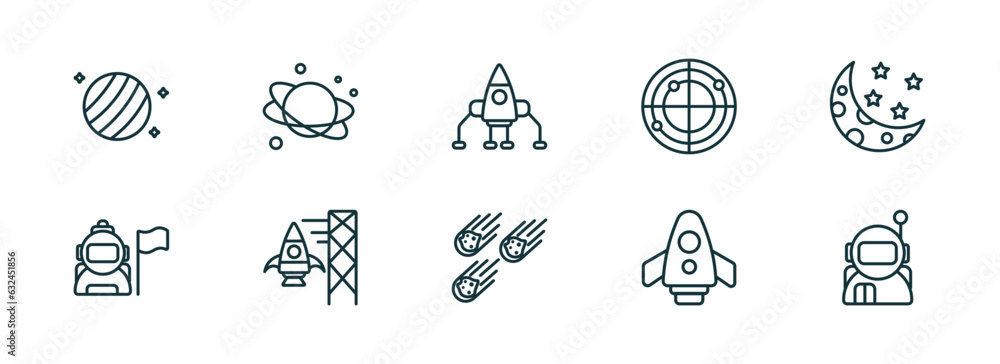 Poster set of 10 linear icons from astronomy concept. outline icons such as uranus with satellite, planet, 