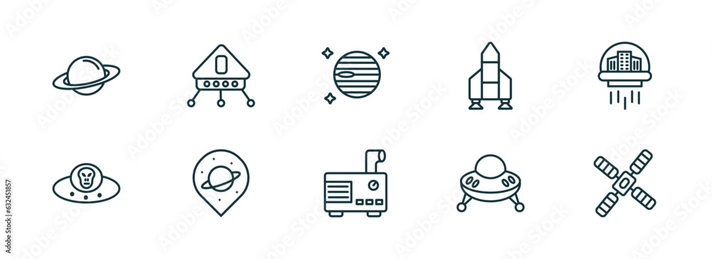 Poster set of 10 linear icons from astronomy concept. outline icons such as saturn, lander, venus with sate