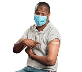 Portrait, covid vaccinated or black man with plaster, pointing or surgical mask isolated on...