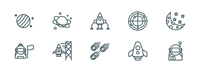 set of 10 linear icons from astronomy concept. outline icons such as uranus with satellite, planet, space lander, meteorites, space shuttle, astronaut user vector © Farahim