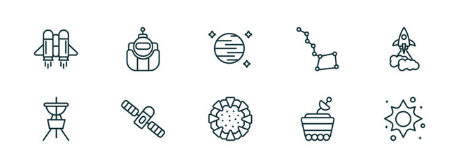 set of 10 linear icons from astronomy concept. outline icons such as jet pack, astronaut ingravity, neptune with satellite, stargate, moonwalker, supernova vector © Farahim