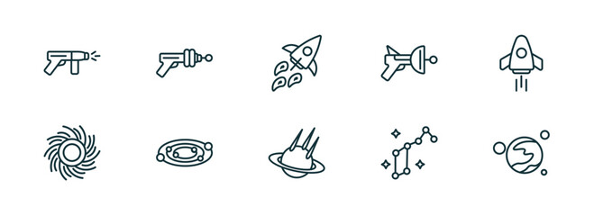 set of 10 linear icons from astronomy concept. outline icons such as laser gun, gun blaster, rocket flying, space collision, lyra constellation, mars with satellite vector