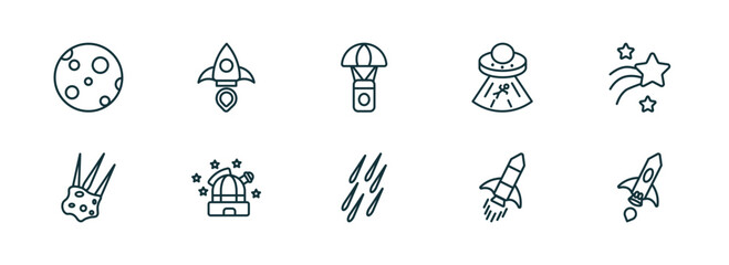 set of 10 linear icons from astronomy concept. outline icons such as big moon, aerospace, capsule parachute, meteor shower, rocket ship, space ship vector
