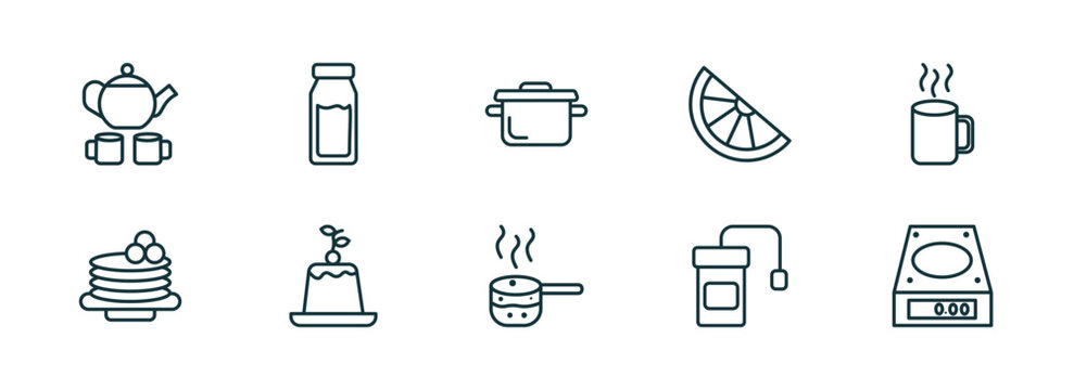 set of 10 linear icons from bistro and restaurant concept. outline icons such as tea, milk brick, bistro pot, boiling water pan, infusion bag, electric weight scale vector