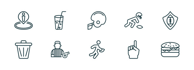 set of 10 linear icons from american football concept. outline icons such as position, soda glass with a straw, football helmet, running with the ball, foam finger, hamburger vector