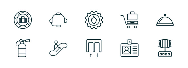 set of 10 linear icons from airport terminal concept. outline icons such as stamp for passports, airport headphones, security control, passenger passway, identification badge, airport radar vector