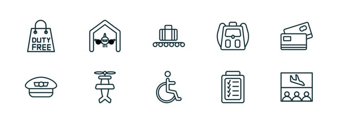 set of 10 linear icons from airport terminal concept. outline icons such as duty free bag, hangar, picking luggage, disable, control check, waiting for flight vector