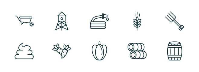set of 10 linear icons from agriculture farming concept. outline icons such as barrow, water tower, hose, capsicum, hay roll, barrell vector