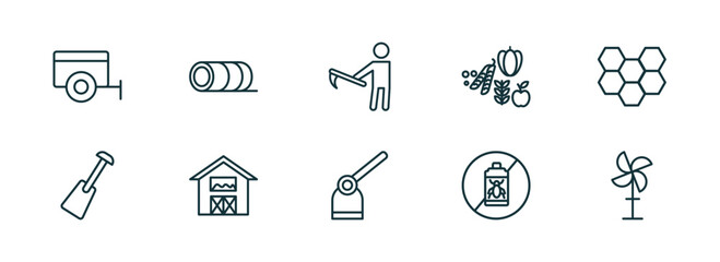 set of 10 linear icons from agriculture farming concept. outline icons such as trailer, bale of hay, farmer hoeing, hoe, pesticide, vane vector