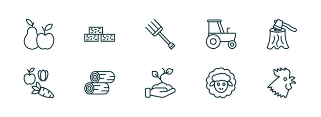 Naklejka premium set of 10 linear icons from agriculture farming concept. outline icons such as fruit, straw bale, roak, planting, sheep, rooster vector