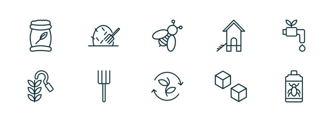 set of 10 linear icons from agriculture farming concept. outline icons such as fertilizer, hay, bees, crop rotation, sugar, insecticide vector