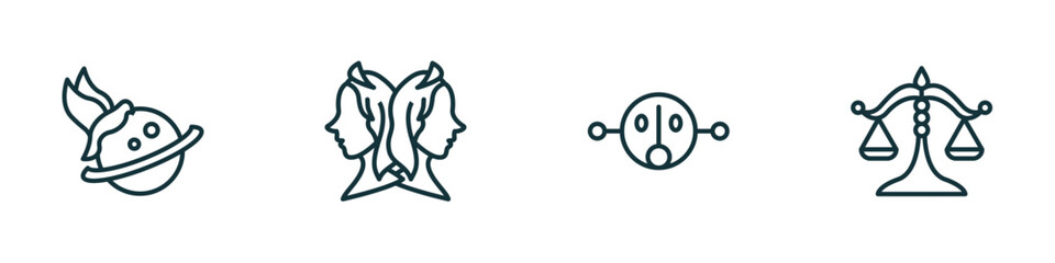 set of 4 linear icons from zodiac concept. outline icons included freedom, gemini, fortitude, justice vector