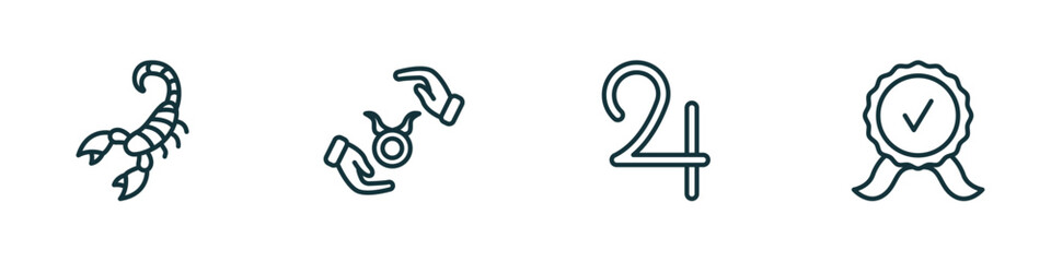 set of 4 linear icons from zodiac concept. outline icons included scorpio, safety, jupiter, standard of quality vector