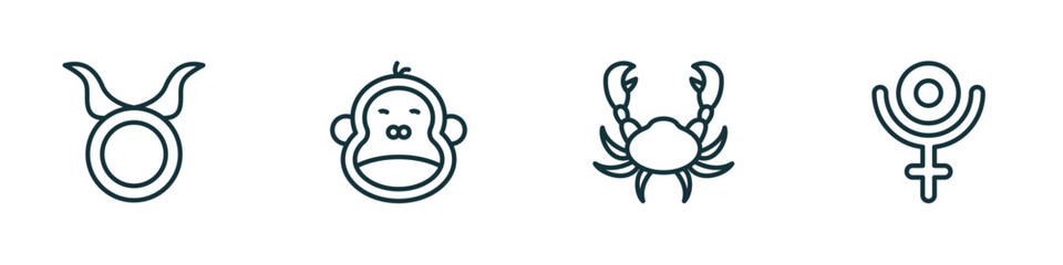 set of 4 linear icons from zodiac concept. outline icons included taurus, year, cancer, pluto vector