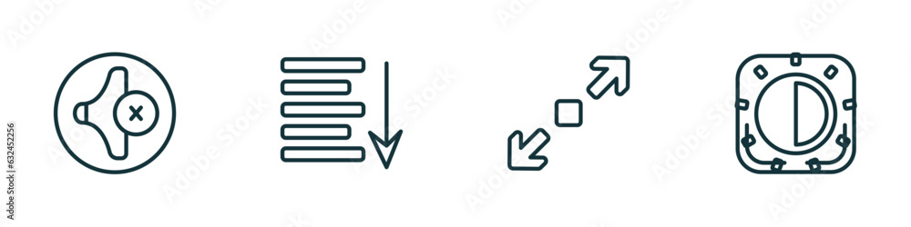 Poster set of 4 linear icons from user interface concept. outline icons included low volume, sort down, enl