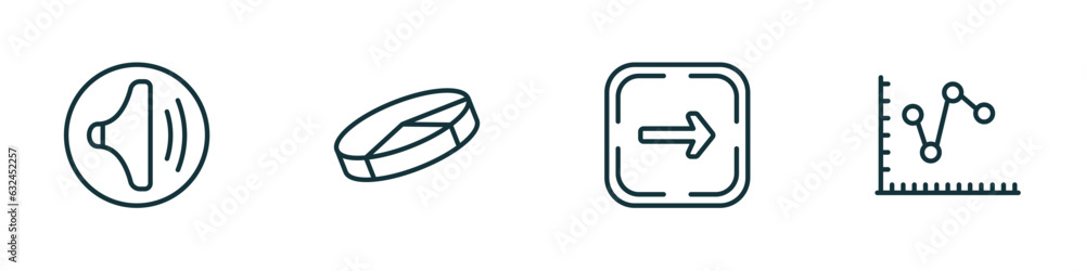 Poster set of 4 linear icons from user interface concept. outline icons included medium volume, 3d pie char