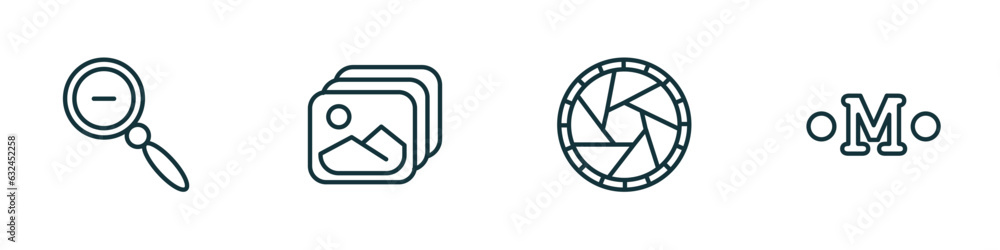 Poster set of 4 linear icons from user interface concept. outline icons included zoom out, gallery, shutter