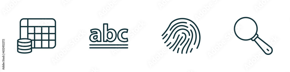 Poster set of 4 linear icons from user interface concept. outline icons included table for data, lowercase,