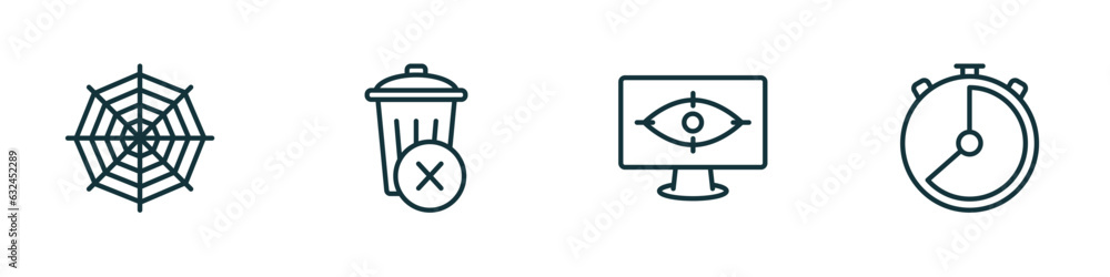 Poster set of 4 linear icons from user interface concept. outline icons included spider web, remove, vigila