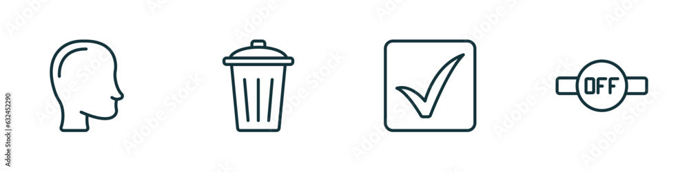 Poster set of 4 linear icons from user interface concept. outline icons included head, eliminar, check squa