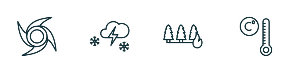 set of 4 linear icons from weather concept. outline icons included typhoon, thundersnow, wildfire, degree vector
