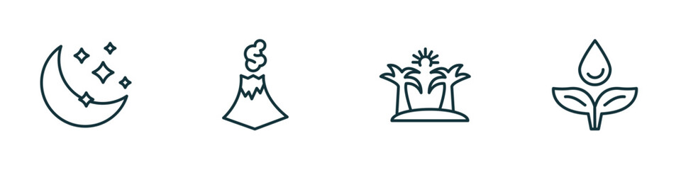 set of 4 linear icons from weather concept. outline icons included twilight, eruption, summer, dew vector