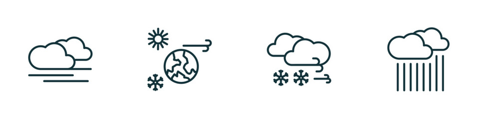 set of 4 linear icons from weather concept. outline icons included blanket of fog, climate, blizzard, downpour vector - obrazy, fototapety, plakaty