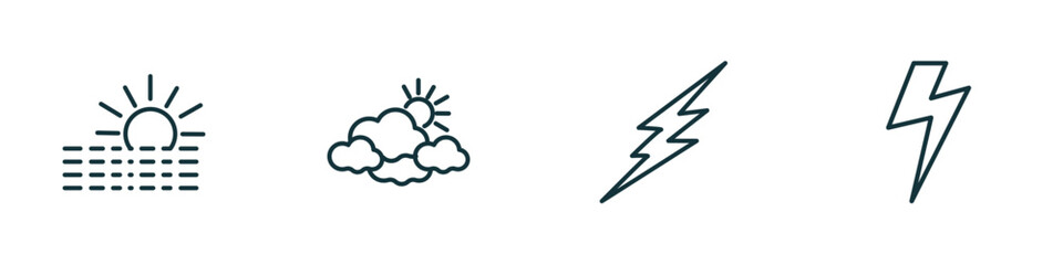 set of 4 linear icons from weather concept. outline icons included foggy day, overcast, thunderbolt, bolt vector