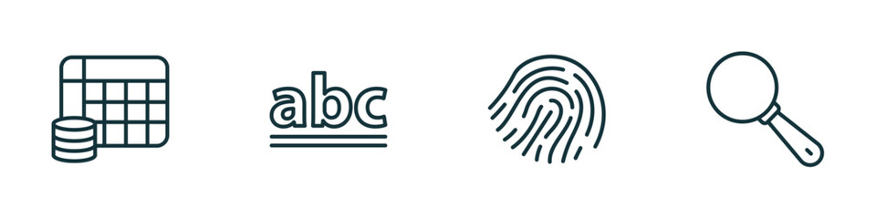 set of 4 linear icons from user interface concept. outline icons included table for data, lowercase, finger prints, look vector