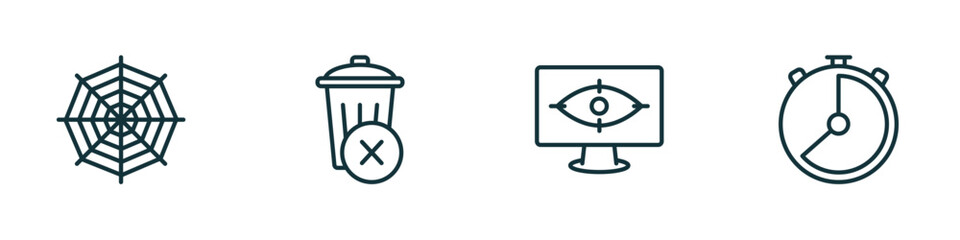 set of 4 linear icons from user interface concept. outline icons included spider web, remove, vigilance, hour vector