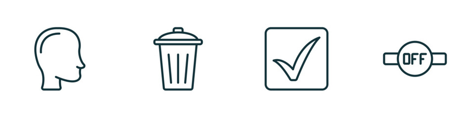 set of 4 linear icons from user interface concept. outline icons included head, eliminar, check square, desactivate vector