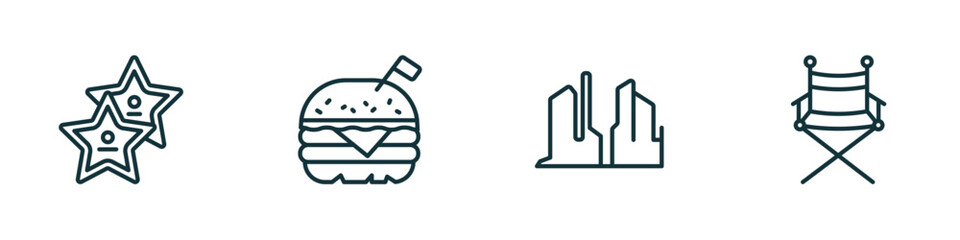 set of 4 linear icons from united states of america concept. outline icons included walk of fame, burger, grand canyon, director chair vector