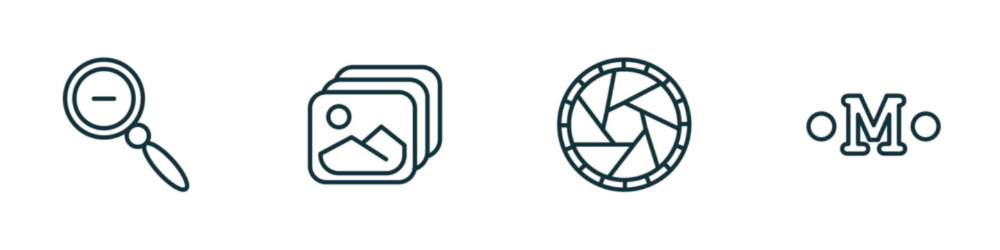 set of 4 linear icons from user interface concept. outline icons included zoom out, gallery, shutter, medium vector