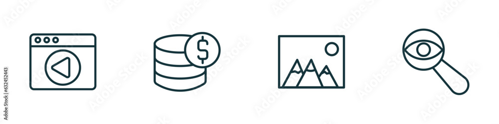 Poster set of 4 linear icons from user interface concept. outline icons included video in browser, earn mon
