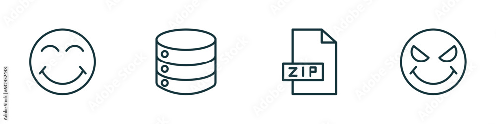 Poster set of 4 linear icons from user interface concept. outline icons included joyful smile, disk storage