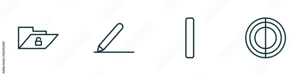 Poster set of 4 linear icons from user interface concept. outline icons included unlock folder, pen writing