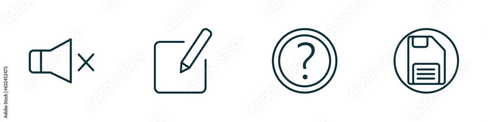 Poster set of 4 linear icons from user interface concept. outline icons included sound off, edit button, ro
