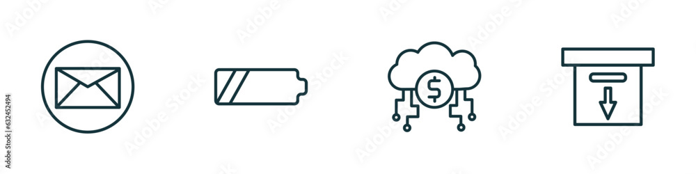 Poster set of 4 linear icons from user interface concept. outline icons included email envelope button, bat