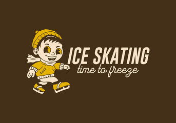 Ice skating time to freeze, mascot character illustration of a little boy playing ice skate