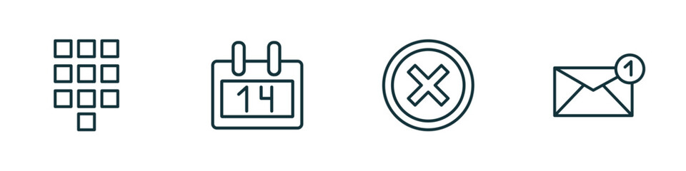 set of 4 linear icons from user interface concept. outline icons included telephone keypad, daily calendar day 14, round delete button, new email envelope vector