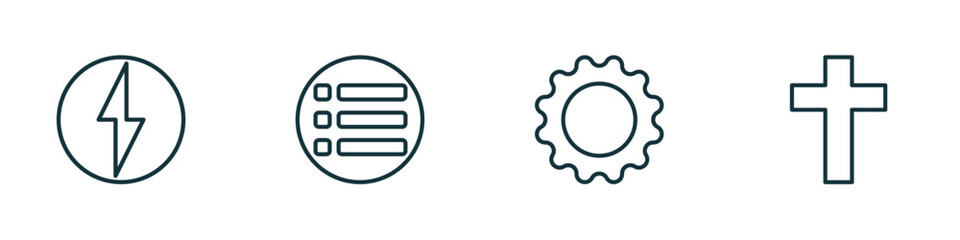 set of 4 linear icons from user interface concept. outline icons included lightning flash, list button, tings cog, cross vector