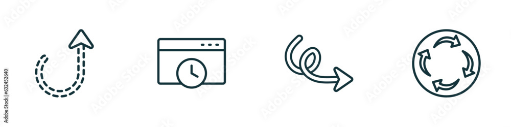 Poster set of 4 linear icons from user interface concept. outline icons included curly dotted arrow, window