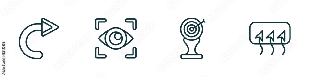 Poster set of 4 linear icons from user interface concept. outline icons included rotated right arrow, viewe